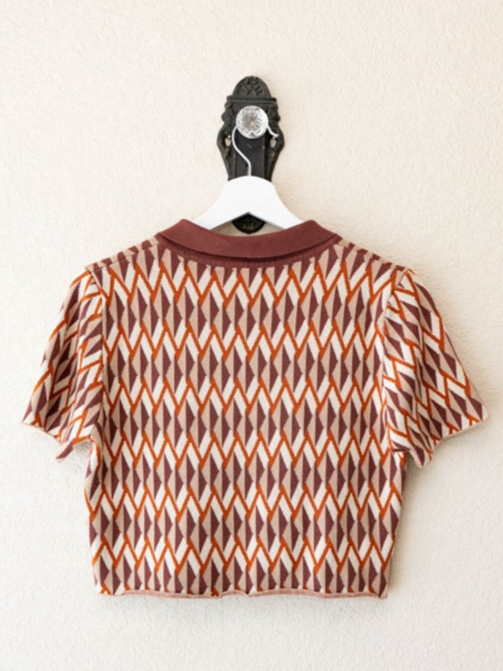 Miss Love Retro Geometric Crop Polo Top Brown Mod Sweater Knit Large - Picture 8 of 12